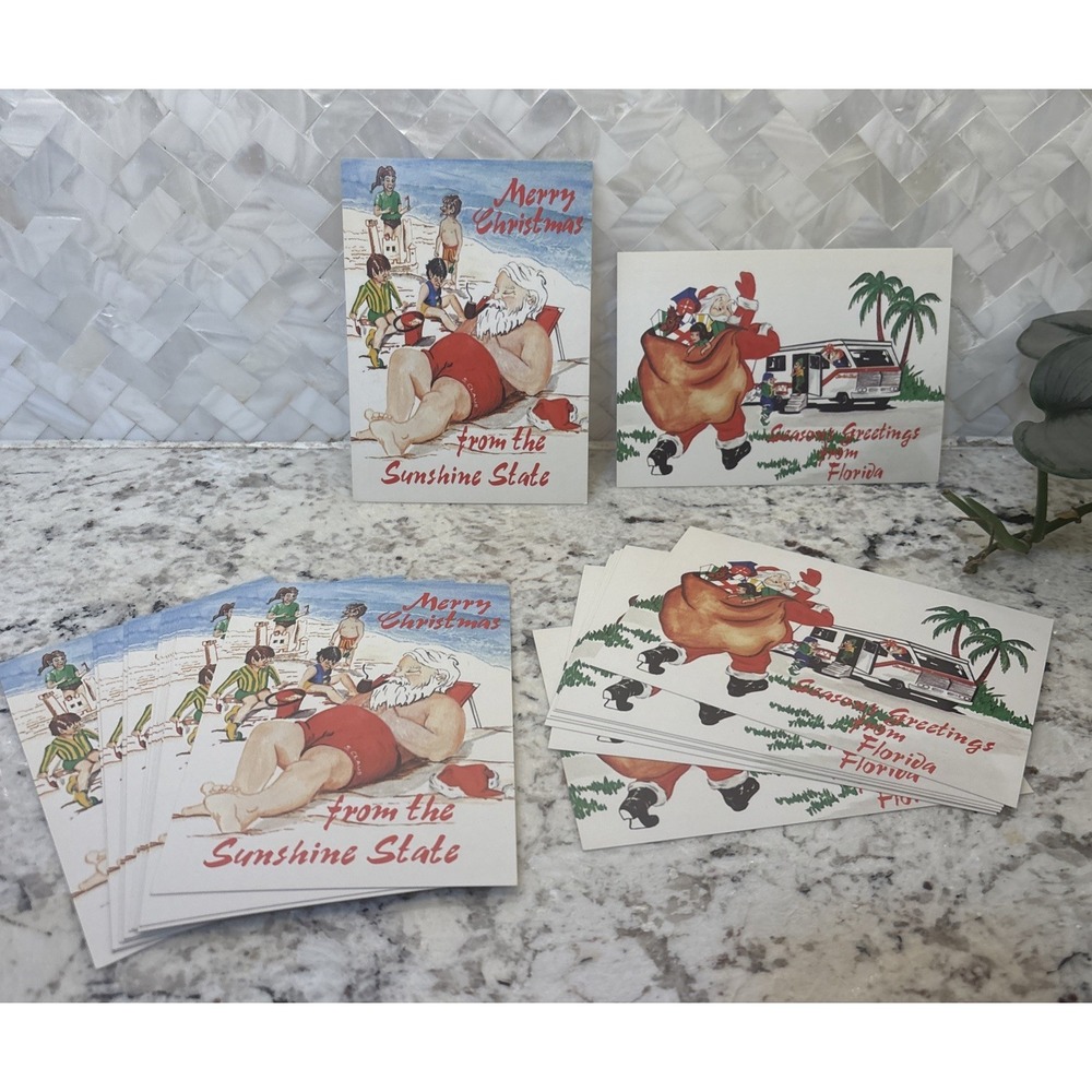27 NOS Vtg Style Postcards Card Christmas Santa Claus Florida RV Beach READ